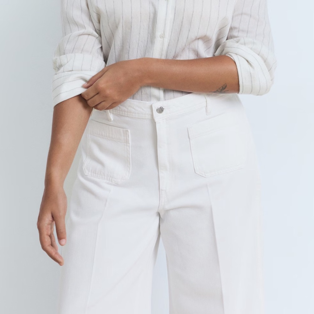 Mango White High-Waisted Wide-Leg Jeans with Pockets